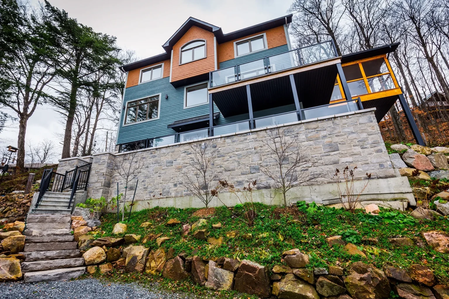 Hillside home with a covered balcony