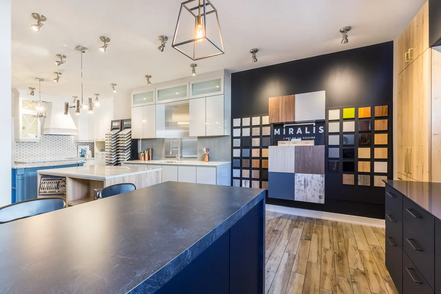 Viking kitchen showroom with material samples